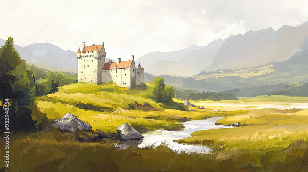 Naklejka premium Scottish Highlands, misty mountains, ancient castles, rugged landscape, Watercolor style
