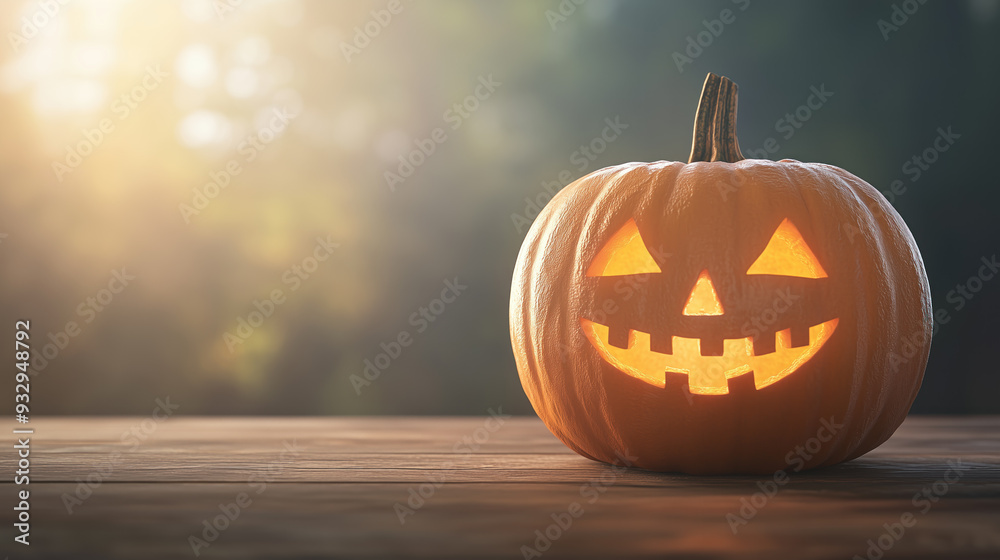Fototapeta premium Halloween pumpkin lantern sitting on a table in the forest at sunset