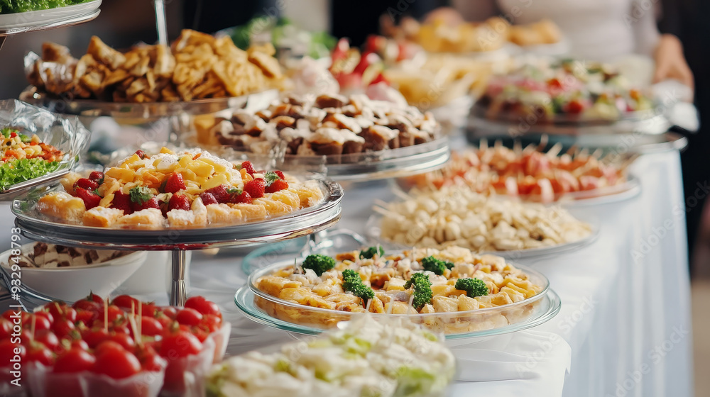 “A diverse selection of cold snacks arranged on a buffet table for catering. The spread includes an assortment of appetizers, finger foods, and chilled dishes, “A diverse selection of cold snacks arranged on a buffet table for catering. The spread includes an assortment of appetizers, finger foods, and chilled dishes,