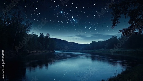 Dark forested riverbank under starry sky.
