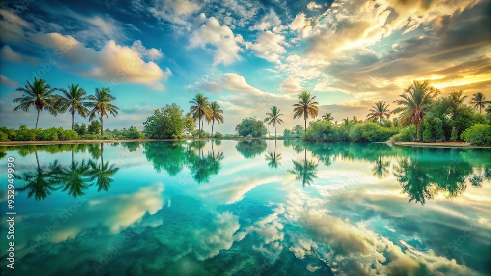 Serene turquoise oases mirrored reflections symmetrical compositions calm peaceful atmosphere soft pastel tones wide-angle shot dreamy ethereal mood. Serene turquoise oases mirrored reflections symmetrical compositions calm peaceful atmosphere soft pastel tones wide-angle shot dreamy ethereal mood.