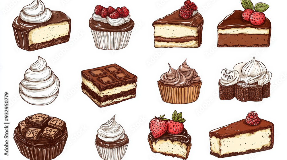 “Vector icons of cakes, cheesecakes, and dessert sweets, including cupcakes, brownies, tiramisu, and waffles. Hand-drawn sketches representing a variety of pastries from a bakery and pastry shop, show “Vector icons of cakes, cheesecakes, and dessert sweets, including cupcakes, brownies, tiramisu, and waffles. Hand-drawn sketches representing a variety of pastries from a bakery and pastry shop, show