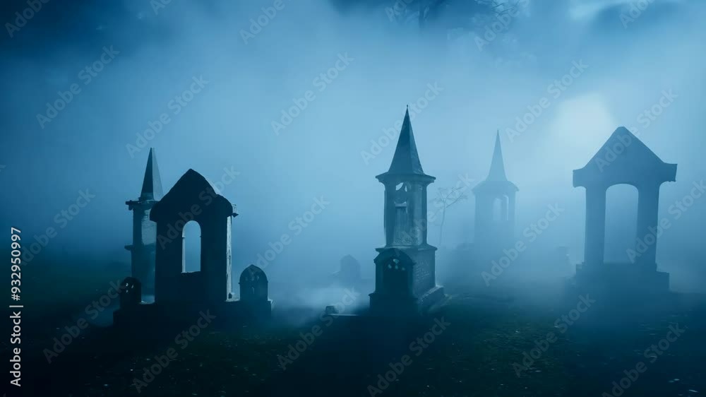 A fog-covered section of a graveyard with four-point lighting. A fog-covered section of a graveyard with four-point lighting.