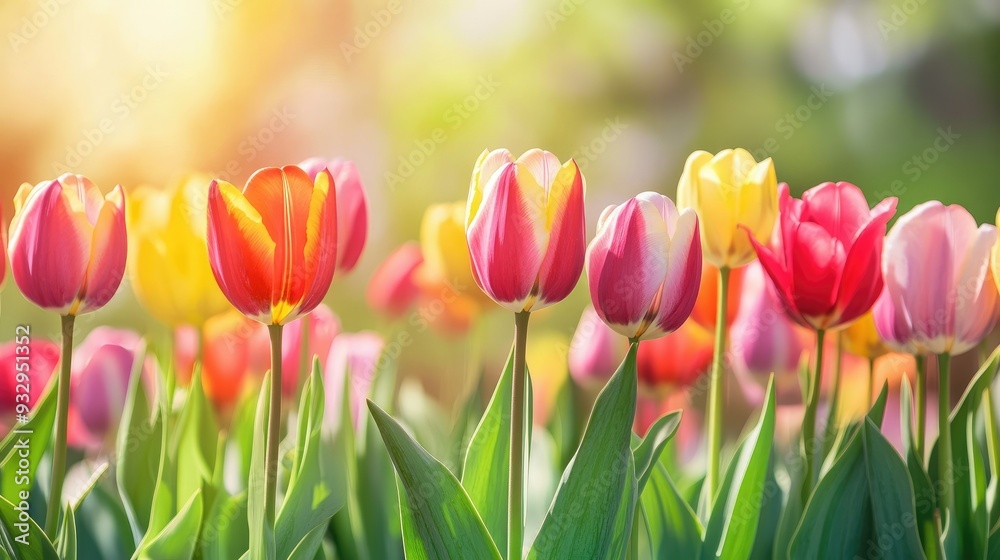 The beauty of spring with colorful tulips in a blooming garden.