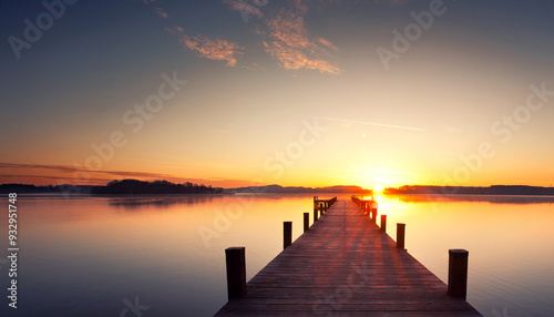 Fototapeta Naklejka Na Ścianę i Meble -  magic sunrise over the lake with old wooden jetty