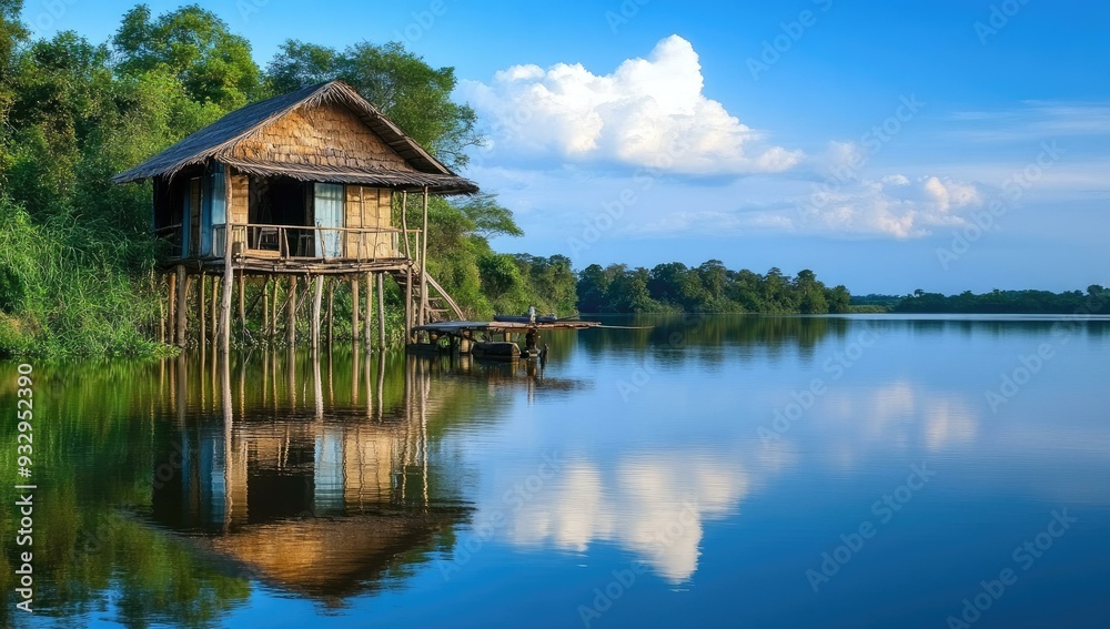 Lake house on stilts reflects in calm water. Lake house on stilts reflects in calm water.