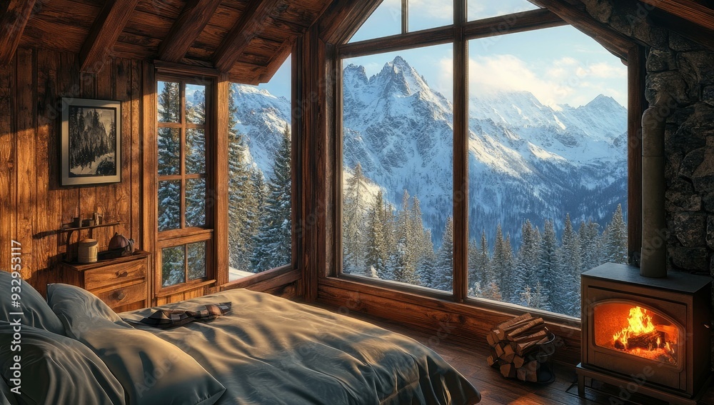 Fototapeta premium Cozy cabin bedroom with snowy mountain view.