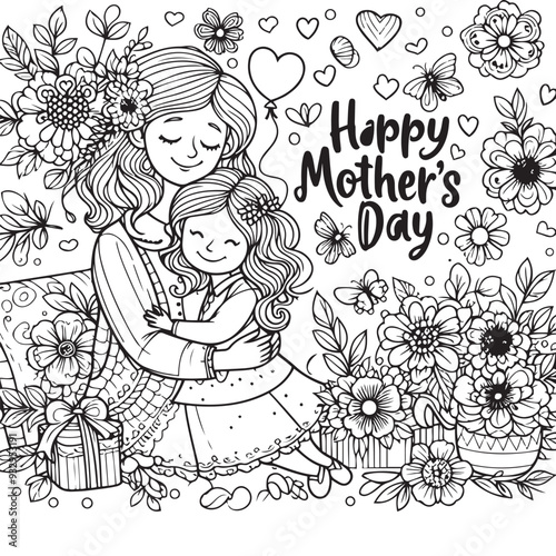 Baby with it's mother coloring page, happy mothers day