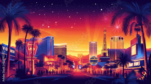 Las Vegas at night, featuring bright neon lights on the streets, famous casinos Palm trees and an orange sunset in the background match the style of the city.along with smiling tourists enjoying 
