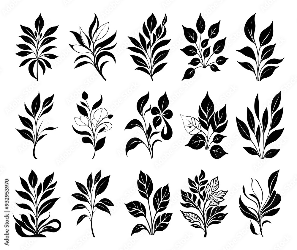 Black and white botanical pattern. For use in graphics, materials. Abstract plant shapes. Minimalist illustration for printing on wall decorations. Black and white botanical pattern. For use in graphics, materials. Abstract plant shapes. Minimalist illustration for printing on wall decorations.