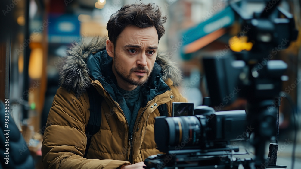 Cinematographer, Director of photography. A thoughtful man sitting with a camera in a creative workspace. Camera operator Cinematographer, Director of photography. A thoughtful man sitting with a camera in a creative workspace. Camera operator