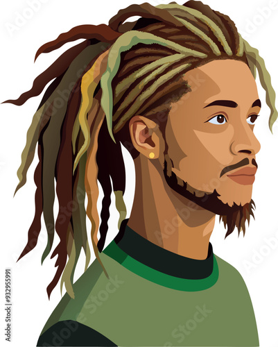 Young black man with dreadlocks is looking aside on white background