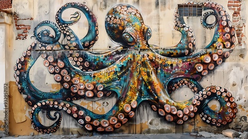 An elaborate octopus artwork covering the aged facade of an abandoned building, the mural's lifelike depiction and bold colors injecting a sense of wonder and creativity into the urban environment. photo