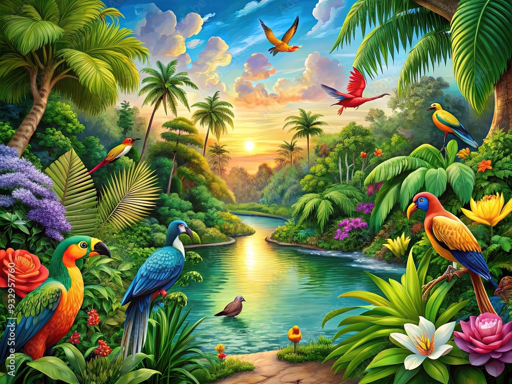 Fototapeta premium Softly swaying palms, exotic birdsong, and blooming blossoms in shades of turquoise and sunset orange transport you to a serene Tropical Oasis, where worries fade away.