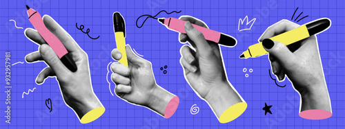 Collage with hands holding marker and doodle shapes. Vintage halftone effect. Pop art paper cut elements