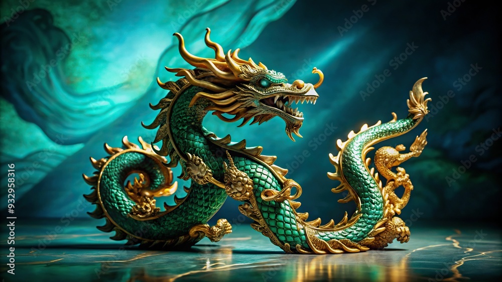 Mythical jade dragon sculpture against a vibrant turquoise background with golden accents and dramatic shadows in high-drama still life photography. Mythical jade dragon sculpture against a vibrant turquoise background with golden accents and dramatic shadows in high-drama still life photography.