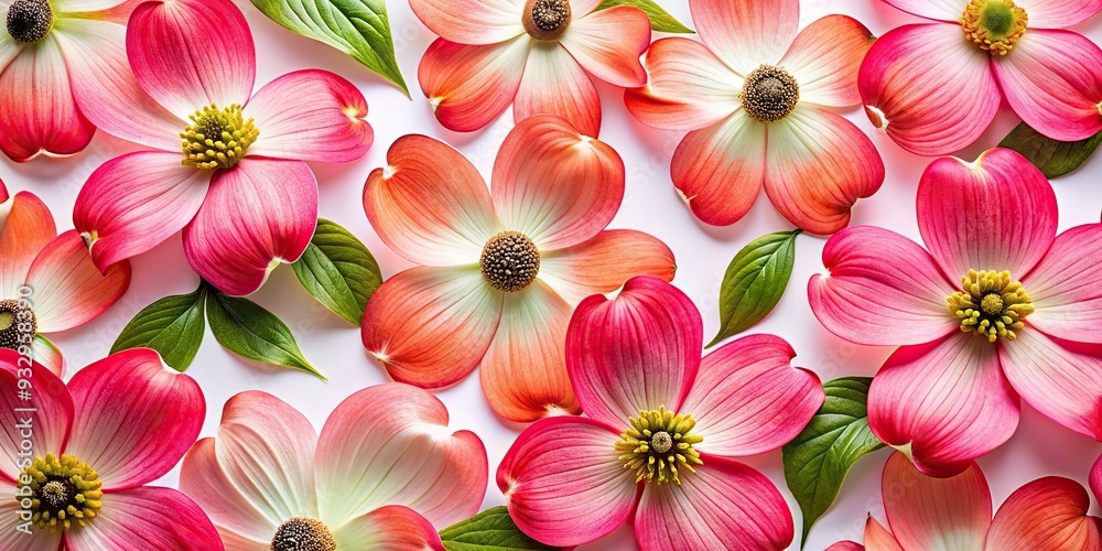 Vibrant Pop Dogwood Flowers Bright Coral Pink Petals Crisp White Background High-Contrast Punchy Colors Graphic Shapes Playful Composition Vibrant Pop Dogwood Flowers Bright Coral Pink Petals Crisp White Background High-Contrast Punchy Colors Graphic Shapes Playful Composition