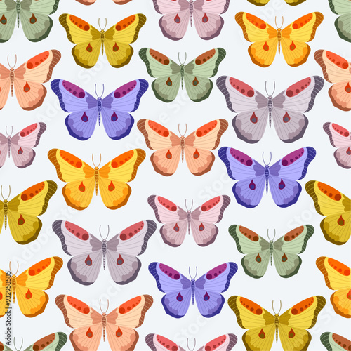 Vector seamless pattern of summer butterflies on white background.