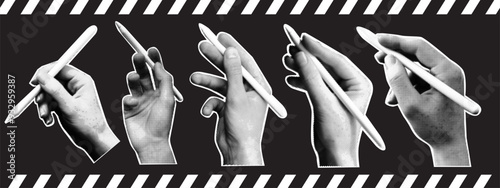 Vector collage set of halftone hands holding pencil. Retro elements in halftone style.