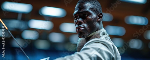 A sportsman fencing, highlighting agility and strategy (selective focus, fencing theme, dynamic, blend mode, fencing hall backdrop) photo