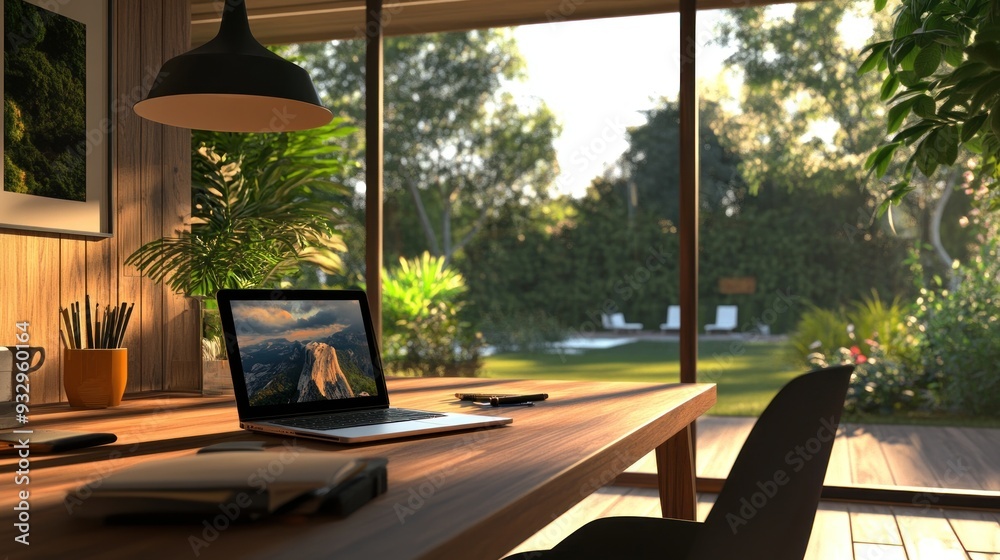 Laptop With Mountain View in a Relaxing Home Office Setting Laptop With Mountain View in a Relaxing Home Office Setting