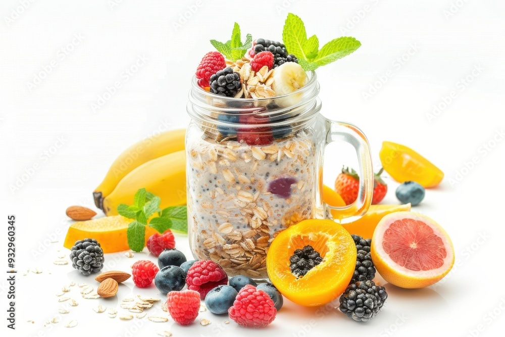 Oatmeal with berries, banana, almonds and grapefruit. Oatmeal with berries, banana, almonds and grapefruit.