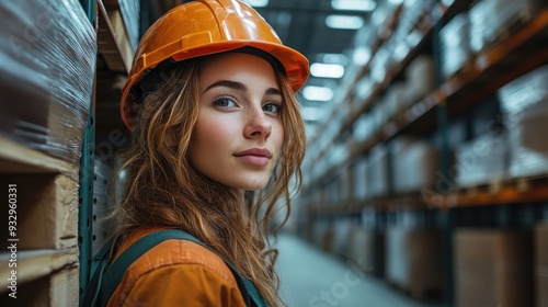 female warehouse worker standing in warehouse warehouse employee putting onworking helmet vertical view.jpg