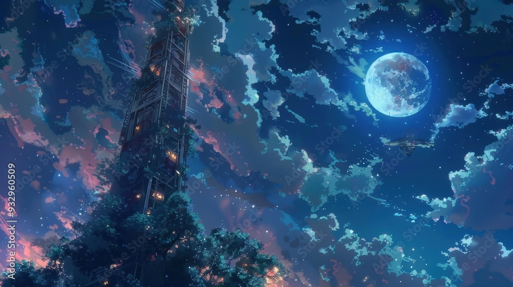Obraz premium A mystical night sky features fluffy clouds and a bright moon shining beside a tall structure glowing softly in the twilight