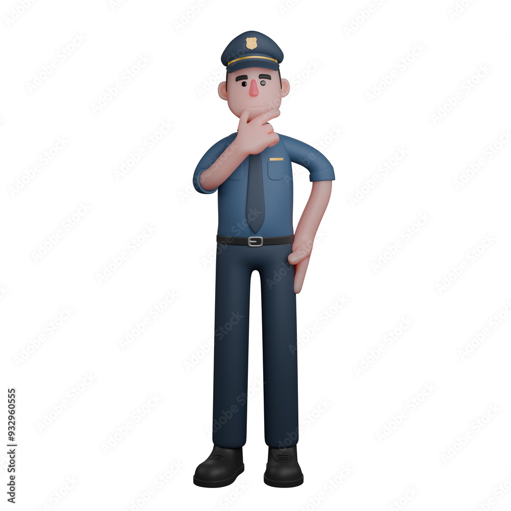 3D Law Enforcement Male Police. A police officer is standing with one hand on his chin, appearing to be in deep thought. Professional 3D Law Enforcement Male Police. A police officer is standing with one hand on his chin, appearing to be in deep thought. Professional