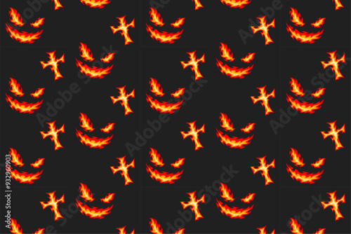 retro smile face and cross fire seamless pattern for print on textile, wrapping, banner, card. vintage fake face flaming pattern on black background. groovy red terrifying smile flame seamless pattern