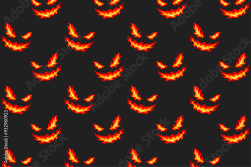 retro terrifying smile face seamless pattern for print on textile, wrapping, banner, card. old school smile face flaming pattern on black background. groovy red sly face flame seamless pattern