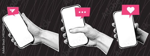 Set of halftone hands with phone and speech bubbles. Trendy collage elements in retro pop art style.