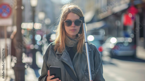 A young woman with sunglasses and cane, confidently using her smartphone in city street. She exudes determination and independence. 