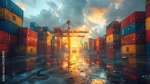 Wallpaper Mural Cargo Containers at Sunset with Reflections in Wet Pavement Illustration Torontodigital.ca