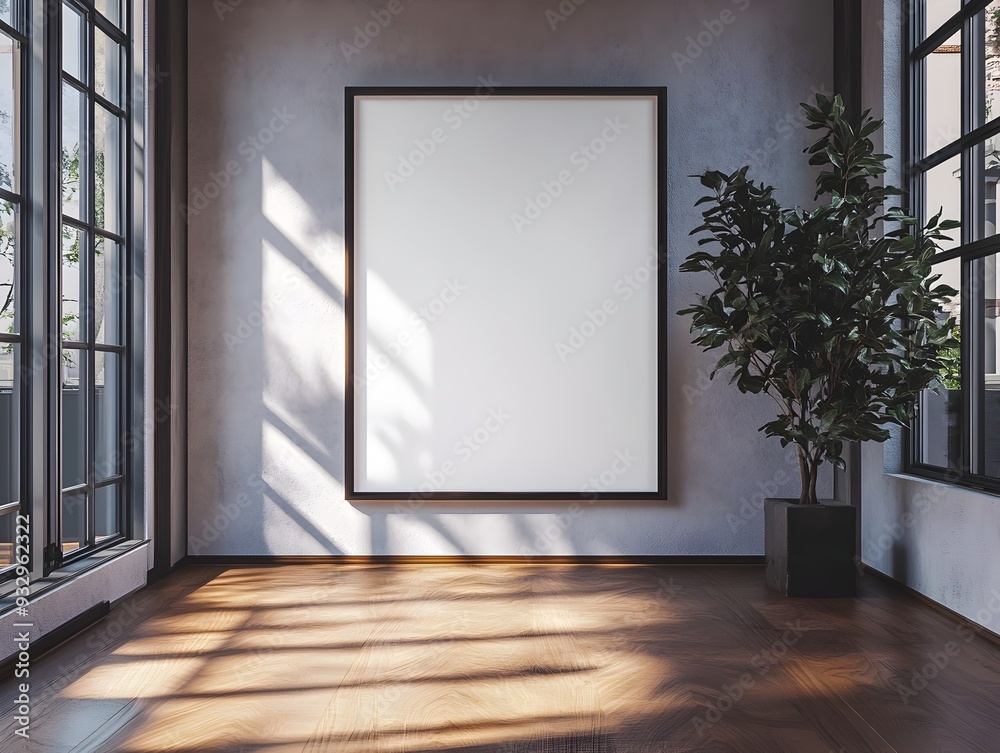 Mockup of a minimalist white background frame displayed in a modern open concept studio apartment with sleek lines large windows and natural lighting Mockup of a minimalist white background frame displayed in a modern open concept studio apartment with sleek lines large windows and natural lighting