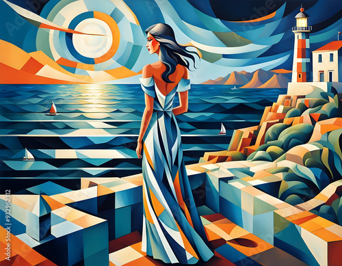 A woman in a long dress looks at the sea at night in Greece, cubism style photo