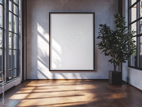 Mockup of a minimalist white background frame displayed in a modern open concept studio apartment with sleek lines large windows and natural lighting