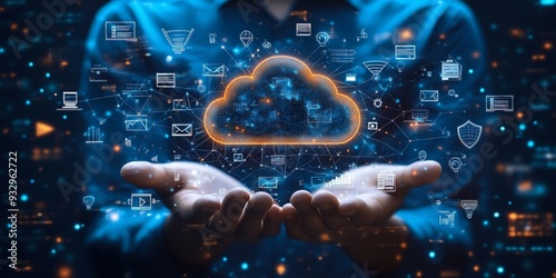 Obraz na płótnie Businessman Presents Futuristic Cloud Computing Network w salonie