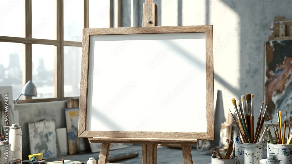Blank Canvas on Easel in Art Studio. Blank Canvas on Easel in Art Studio.