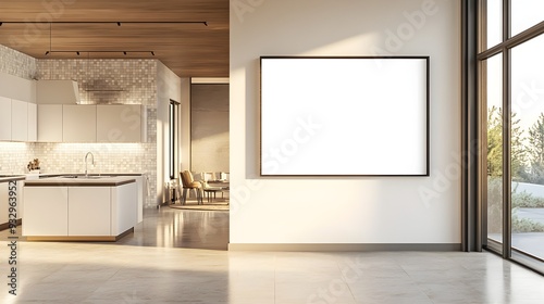 Mockup of a stylish and sophisticated white kitchen with sleek cabinetry,tile backsplash,and open-concept design in a spacious and modern house interior. photo