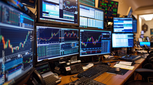 Wallpaper Mural A busy trading desk with multiple monitors displaying stock market data and charts, conveying sense of focus and urgency.  Torontodigital.ca