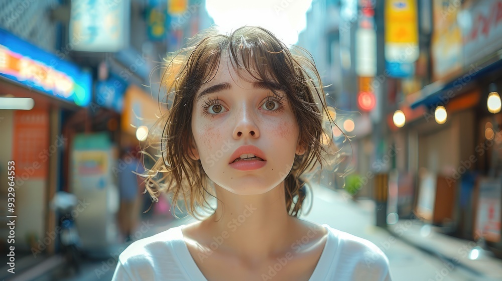 An attractive woman with brown hair, white t-shirt and shocked expression standing in the streets of Tokyo. Generative AI. An attractive woman with brown hair, white t-shirt and shocked expression standing in the streets of Tokyo. Generative AI.