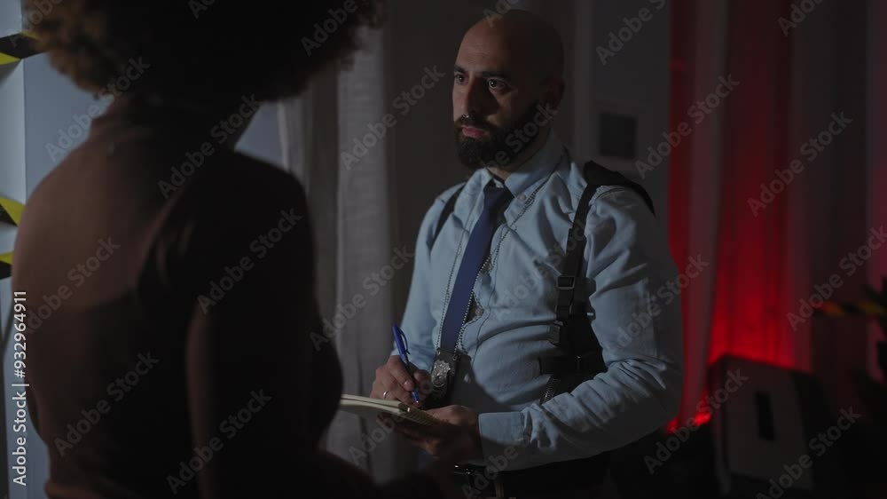 Detective with badge interrogates woman at crime scene indoors with caution tape in the background Detective with badge interrogates woman at crime scene indoors with caution tape in the background