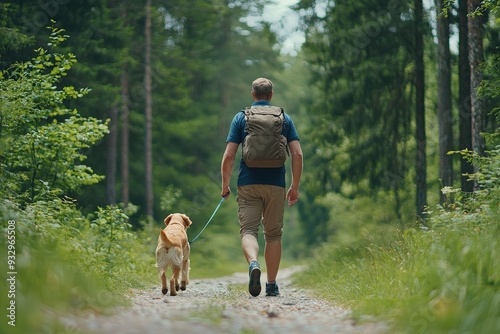 Man and his dog on a leash taking a walk through a tranquil forest path with natural scenery
