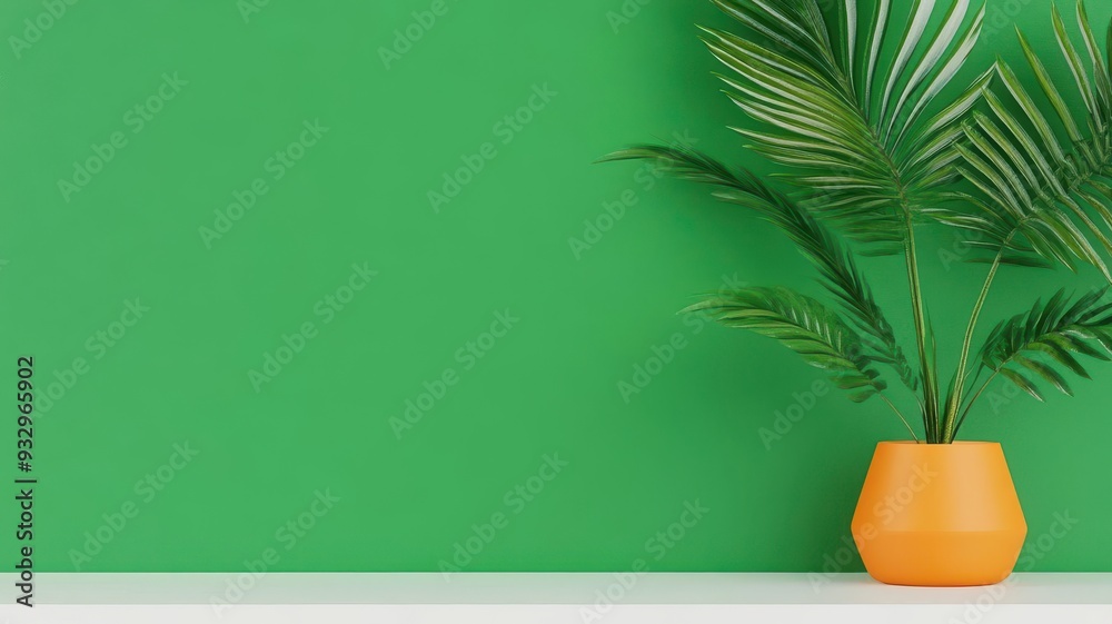 Green wall with a palm plant in a orange pot Green wall with a palm plant in a orange pot