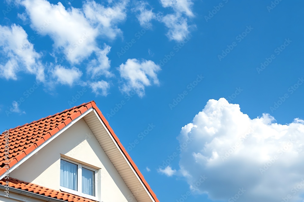 Front view of house roof on blue sky background copy space. Front view of house roof on blue sky background copy space.