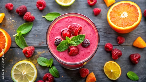 RaspberryVibrance: Shoot a bird's eye view of a raspberry and citrus smoothie, with a bright and bold color palette, on a modern glass table with a clean and minimalist aesthetic. photo