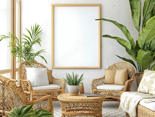 Mockup of a bright and airy sunroom interior with a white background frame,wicker furniture,potted plants,and neutral-colored textiles,creating a cozy and serene living space.