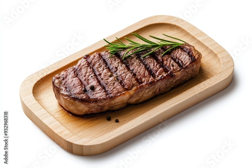 Delicious Delmonico steak presented on a wooden plate, set against a white background for emphasis
 photo