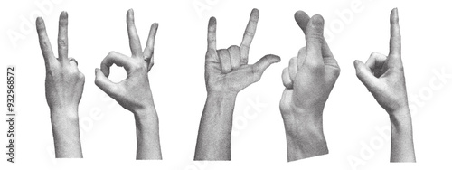 Set of retro photocopy human hands on transparent background. Vector elements with grain effect.